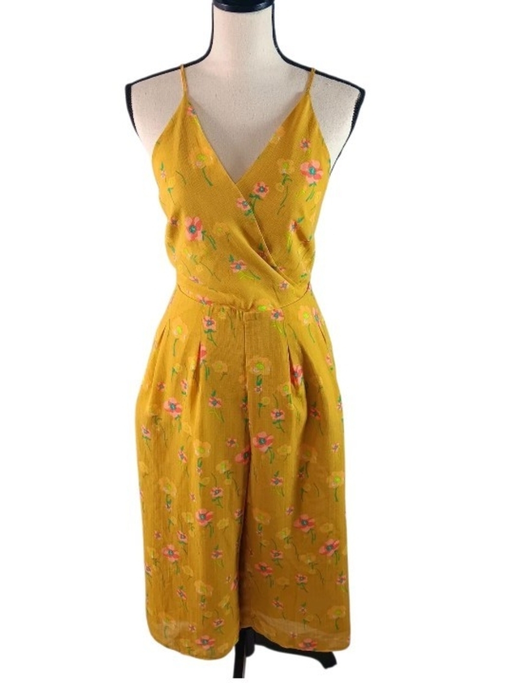 A New Day Women's Yellow Floral Print Spaghetti Strap Criss Cross Back Jumpsuit